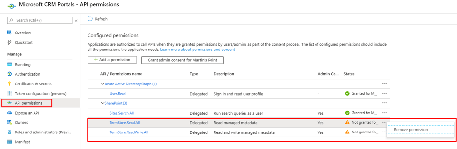 microsoft CRM Portals API permissions