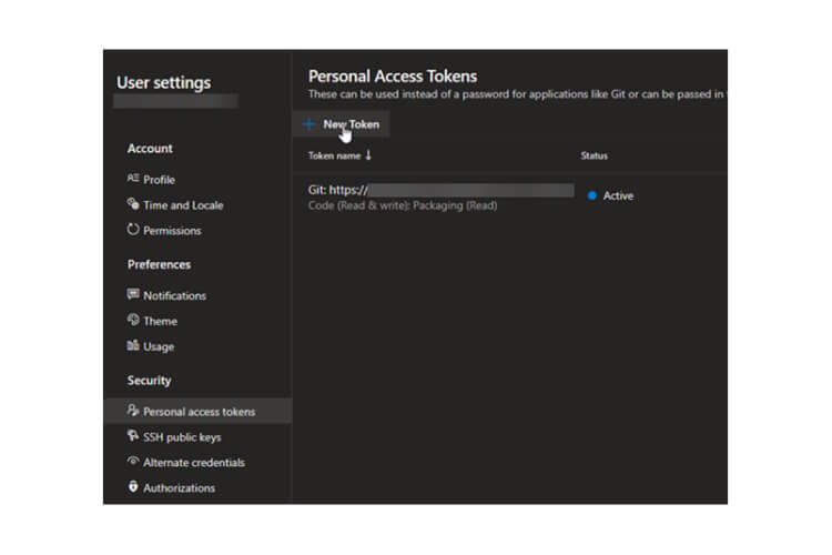 log in to the Azure DevOps organization’s user settings, and then select “Personal access tokens