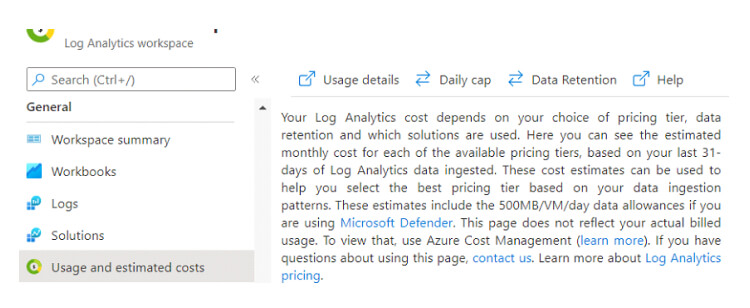 Under usage and estimated cost select data retention