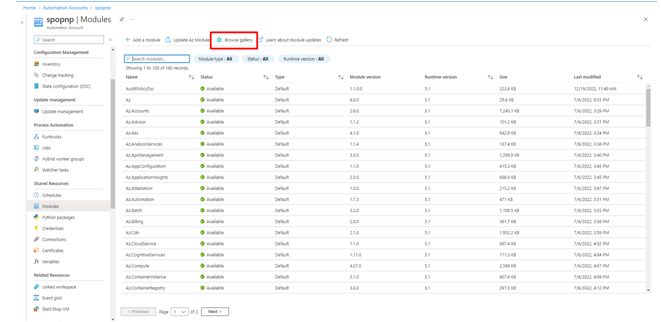 modules imported into the Automation account