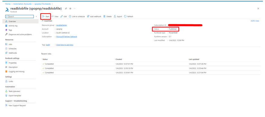 Publish and start the runbook