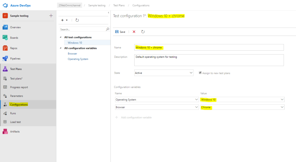 create a configuration of test plan in Azure DevOps